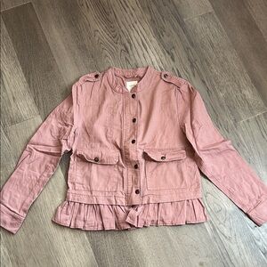 Pink Button-Up Jacket with Ruffle Hem